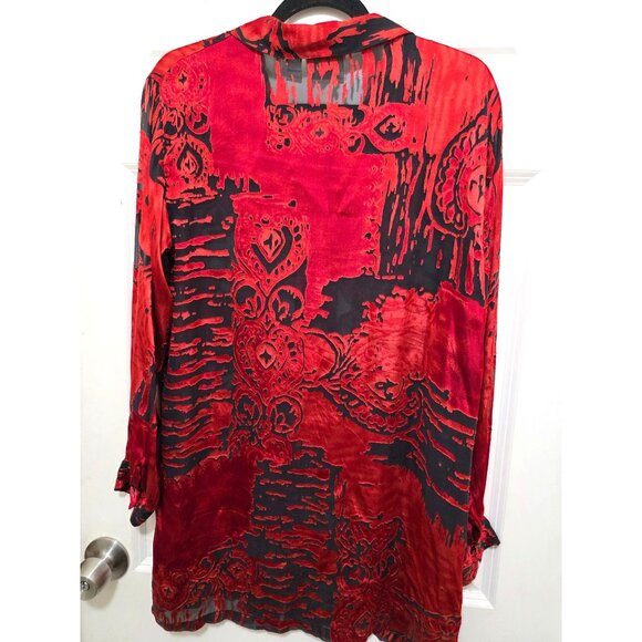 Chicos Design Women's Red & Black Abstract Long Sleeve Silk Boho Button-Up Blous - Picture 3 of 8